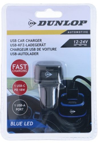 Töltő szivargyújtóba USB-A + USB-C Dunlop