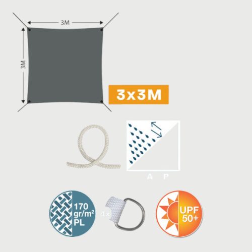 Napvitorla 3x3m, antracit színű, polieszter